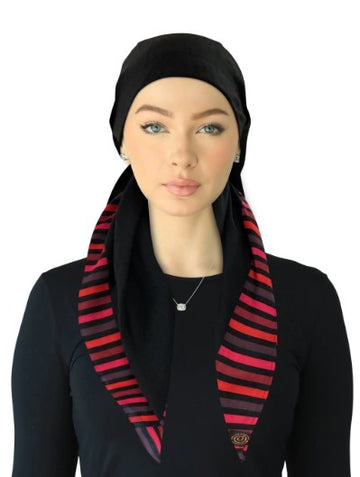 Cherie SPC316A-BLK/RD Black/Red Striped Border Adjustable Closed Back Pre-Tied Bandanna Myselflingerie.com